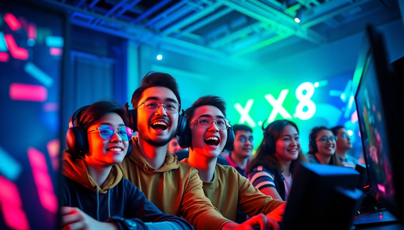 Dynamic gaming scene with players immersed in XX88 competition, surrounded by vibrant screens and energy.