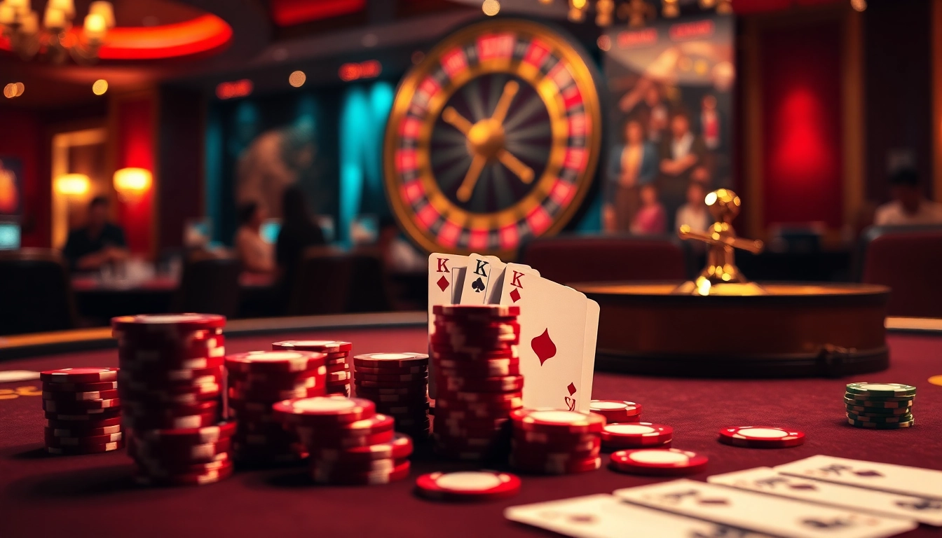 MM88 poker table with vibrant chips and cards, set in a luxurious casino scene.