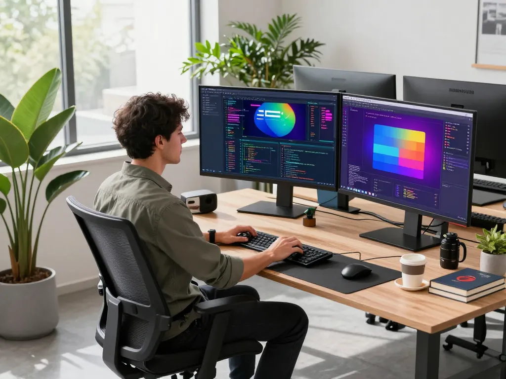 Focused developer working on WOLES88 application designs in a sleek tech workspace.