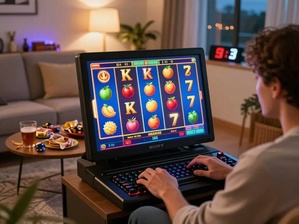 A player enjoying an engaging slot game experience on a touchscreen, surrounded by a cozy home atmosphere.