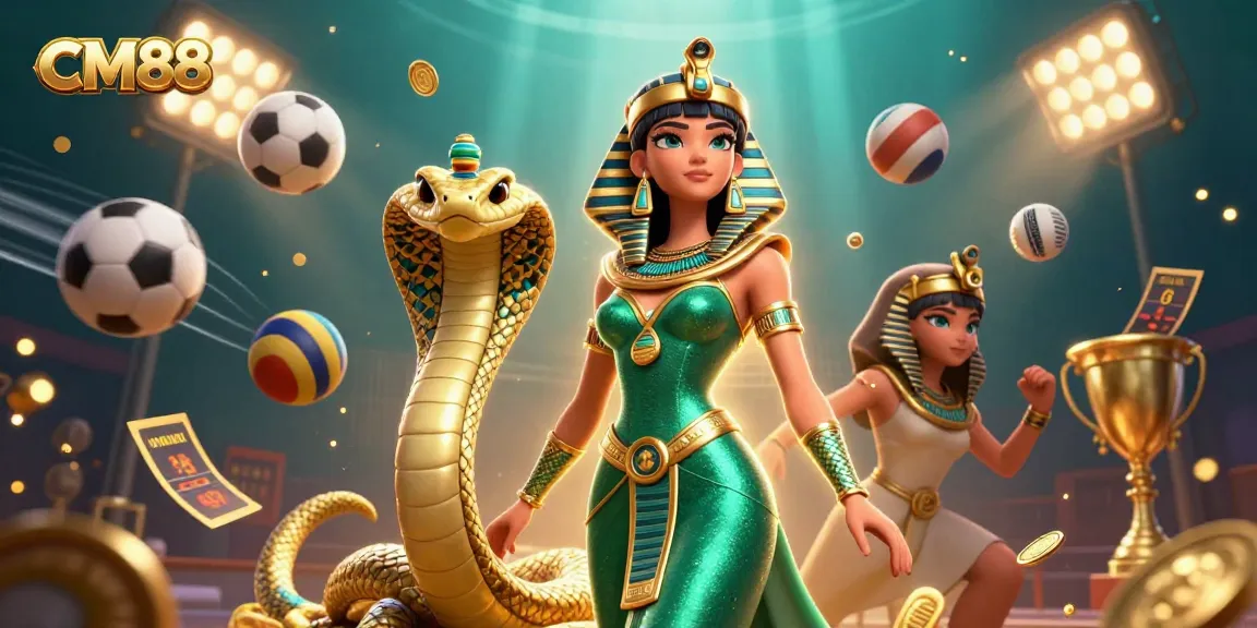 Engage with CM88's vibrant gaming scene featuring a stunning character, golden elements, and dynamic sports elements.