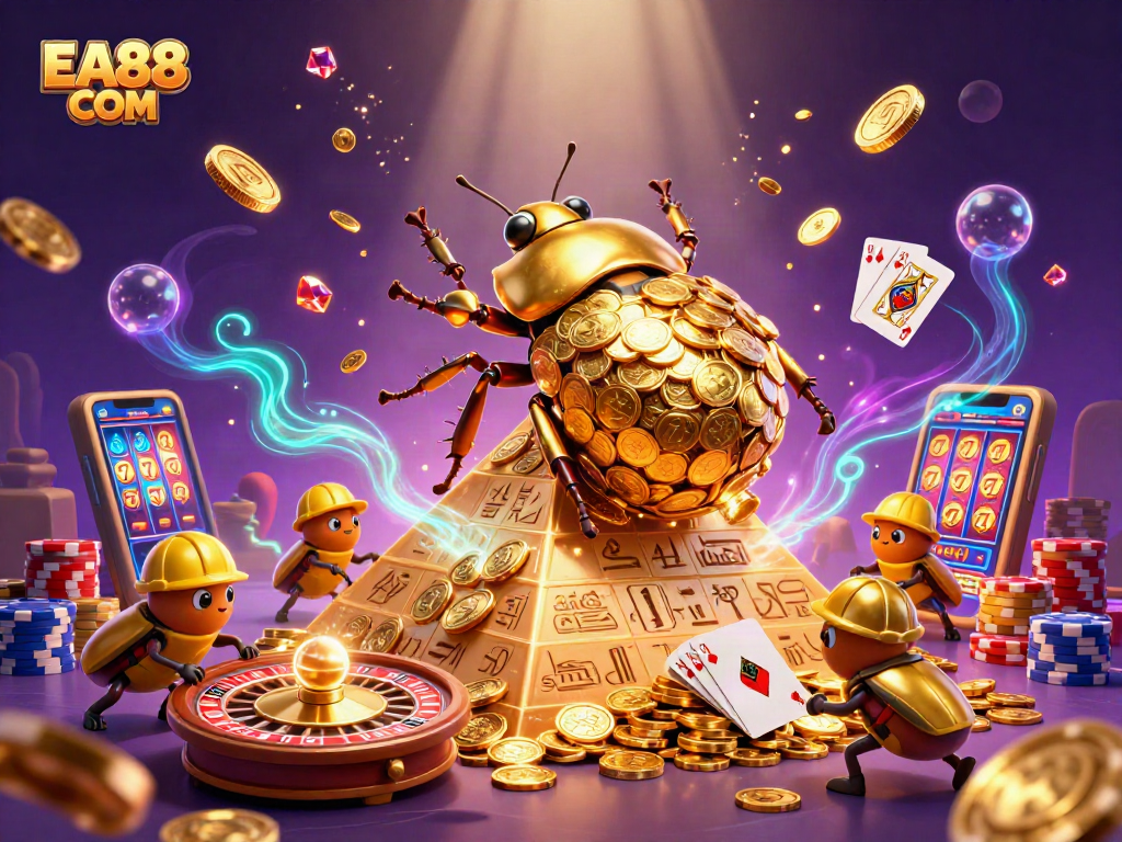 Experience the thrill of EA88 COM with a golden beetle rolling coins and dynamic casino elements.