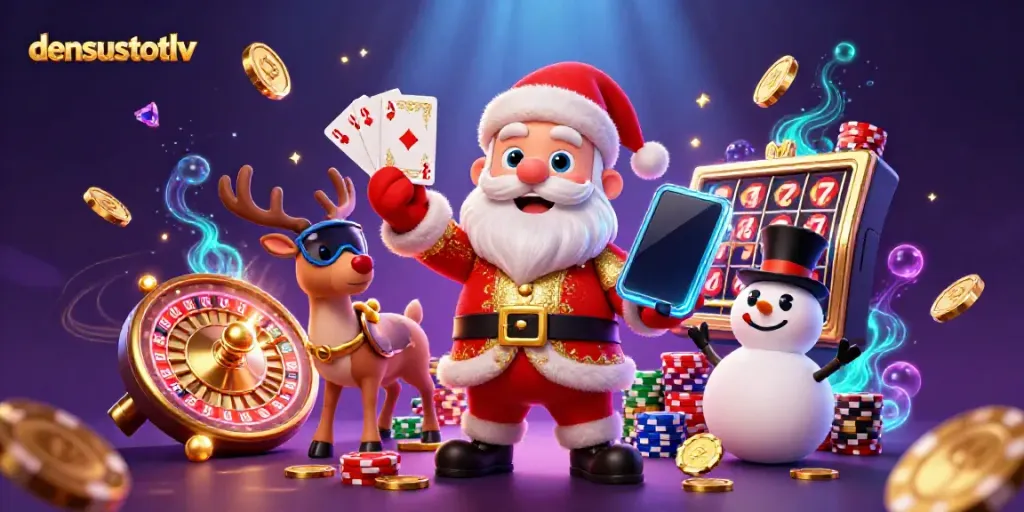 Experience the excitement of densustotolv with Santa in a dynamic casino scene, showcasing jackpot slots.
