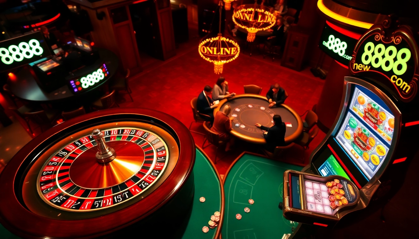 Participants enjoy table games and slots at a luxurious casino, highlighting 888new com's premier gaming experience.