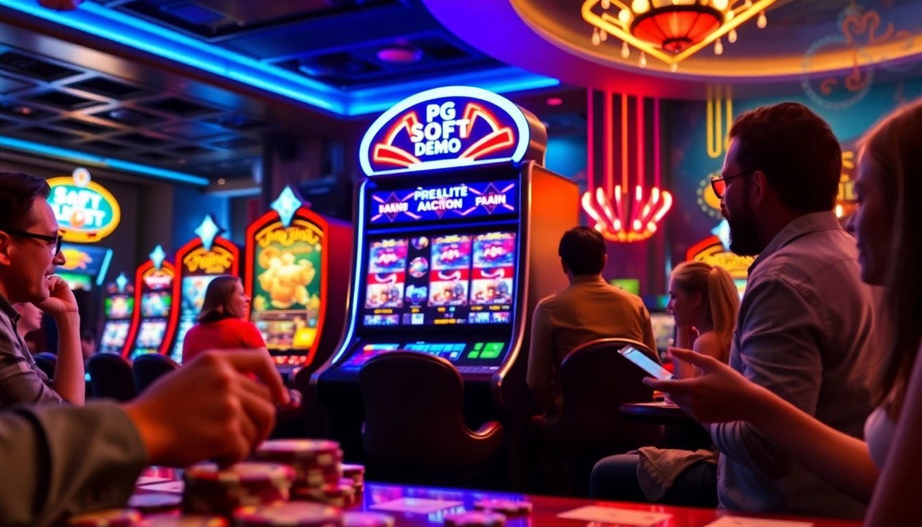 Experience PG Soft Demo with players engaged near vibrant slot machines in a lively casino.