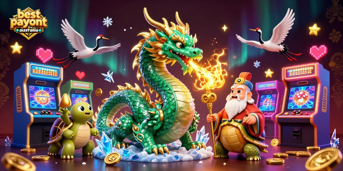 Experience the best payout casinos Australia with vibrant slots and a jade dragon in a dynamic scene.