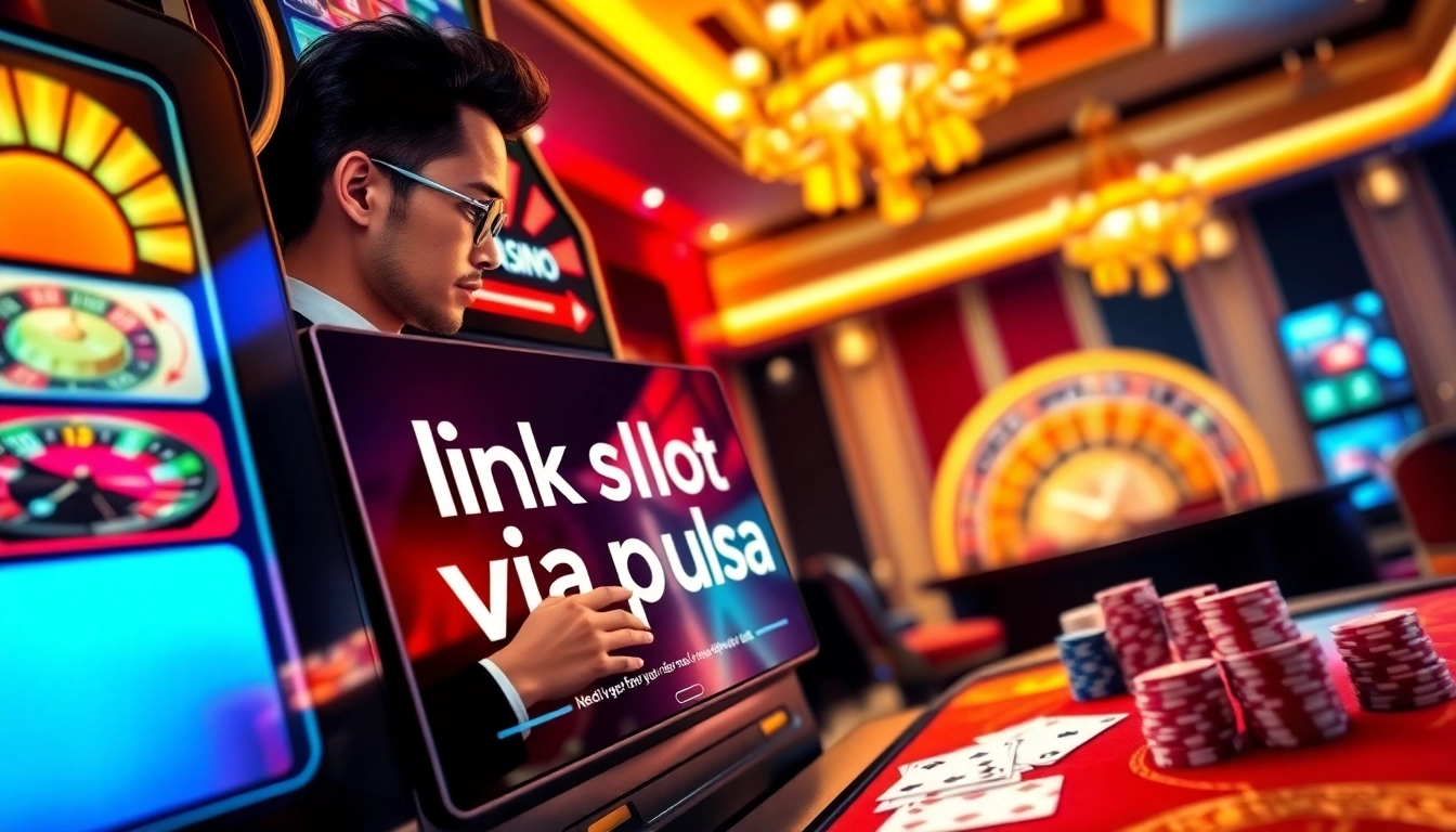 Experience excitement with link slot via pulsa at a vibrant casino setting featuring slot machines and betting elements.
