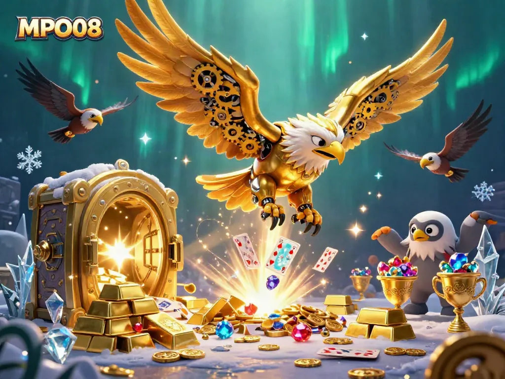 MPO08 showcases a dynamic scene with a cybernetic golden eagle diving through holographic cards and treasure elements.