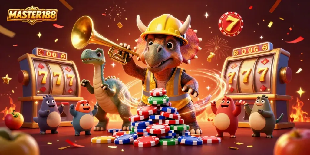 Engage with MASTER188's exciting casino experience featuring vibrant characters building a poker chip pyramid.
