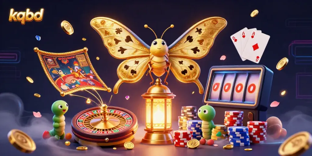 KQBD illuminates the online casino world with thrilling gameplay scenes illustrated by a majestic moth and golden elements.