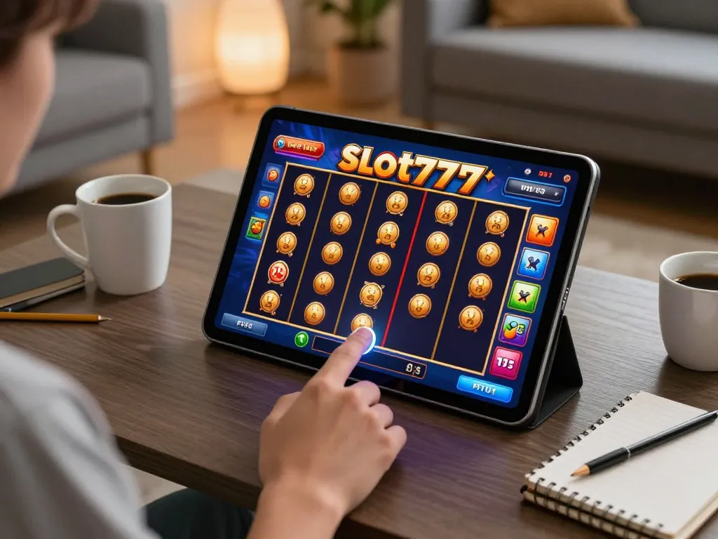 Engaged player using tablet for Slot777 gaming, vibrant online slot interface in focus.