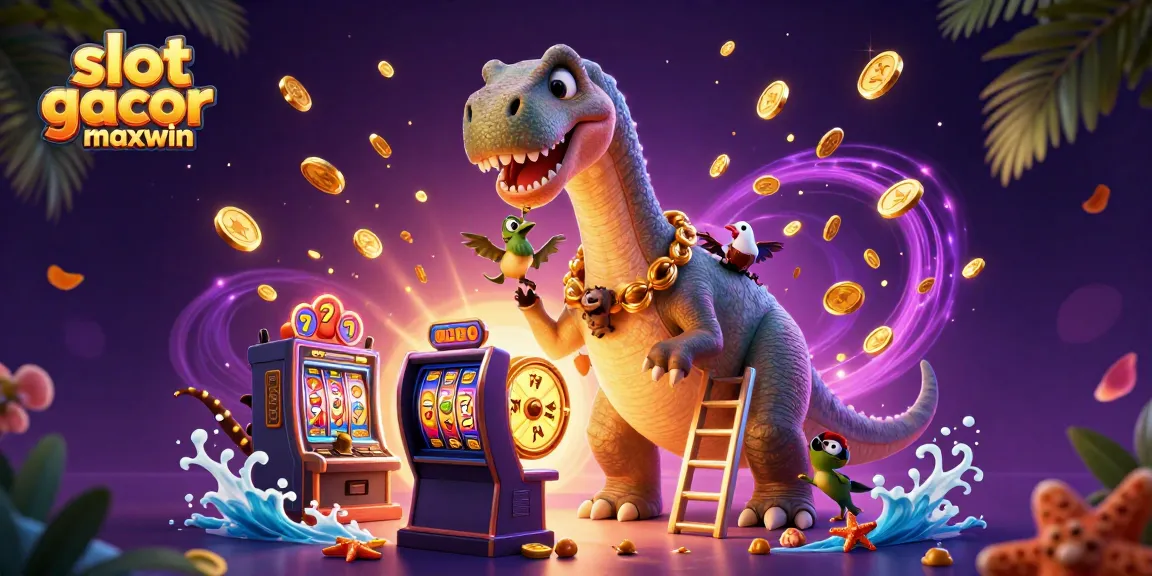 Menghadapi slot gacor maxwin, brontosaurus 3D menonjol di kasino dengan mesin slot dan kartu emas.