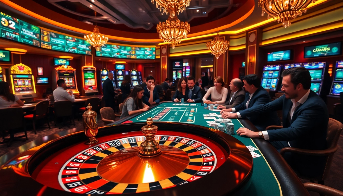 Players engaging at an E2bet casino table with vibrant action and luxury decor.