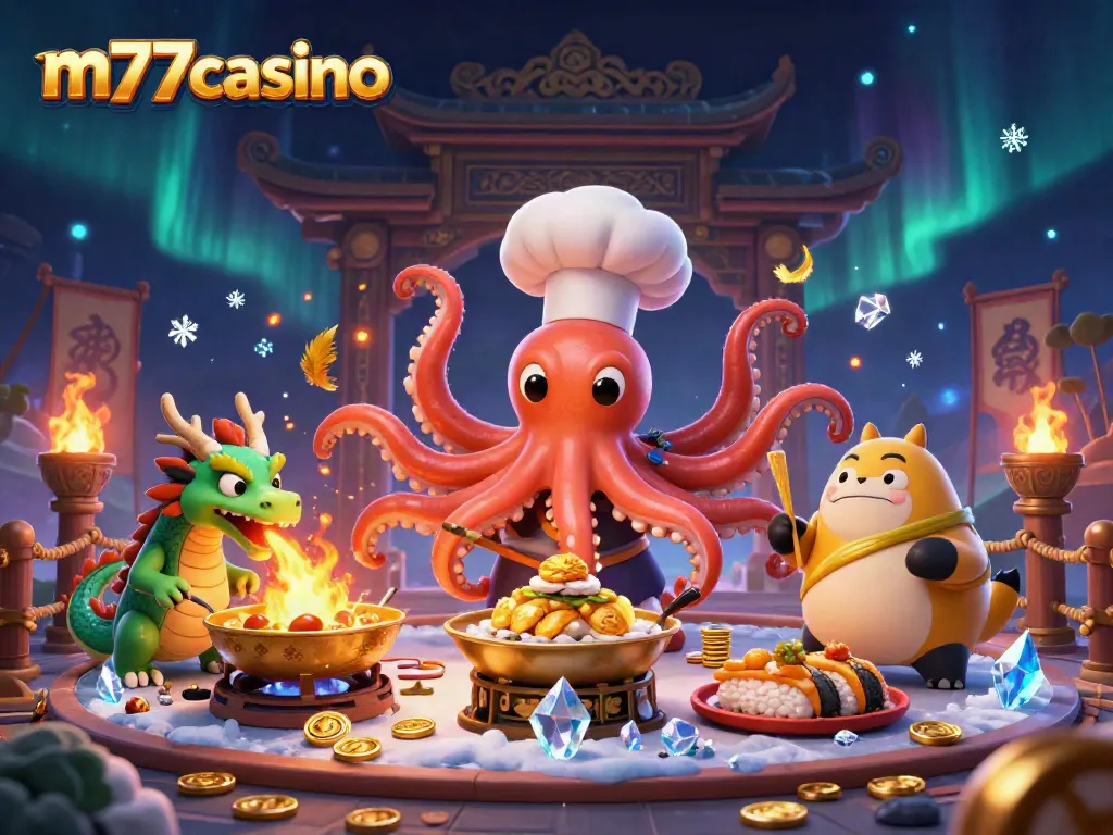 m77casino menyajikan ilustrasi kasino yang dinamis dengan karakter kartun menawan dan elemen permainan