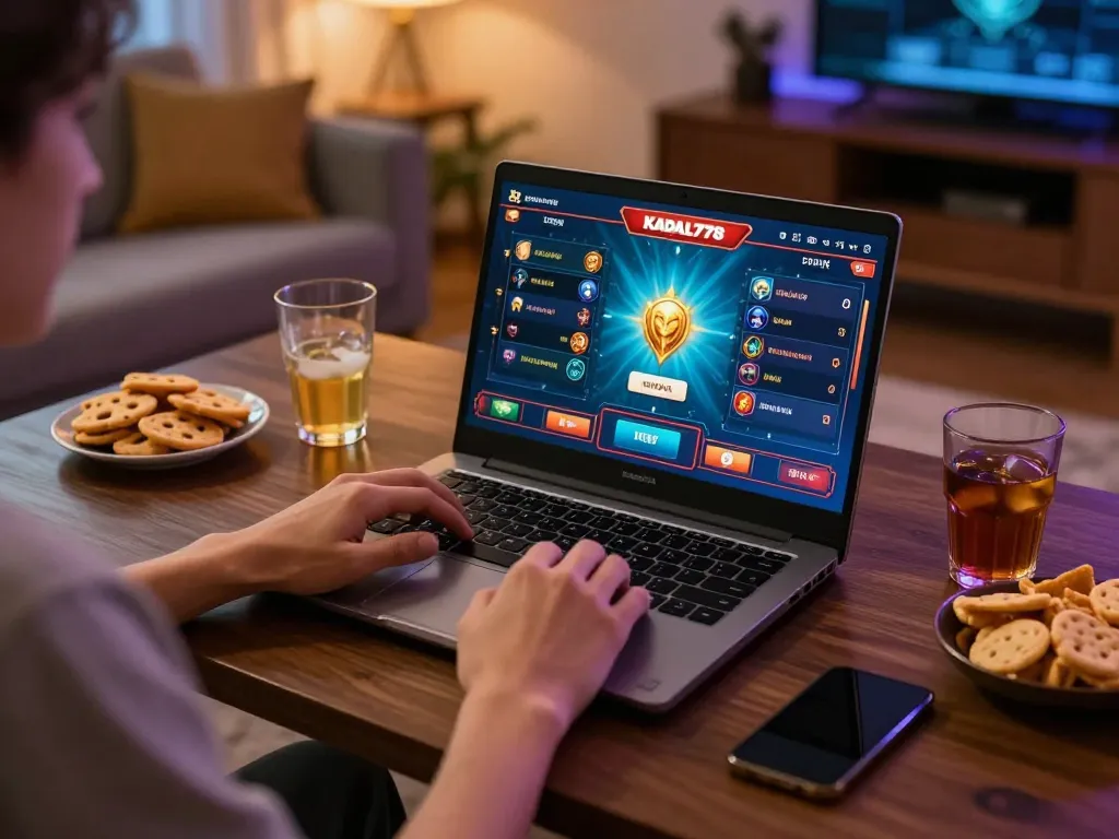 KADAL778 player enjoying online gambling at home with laptop showing exciting game interface