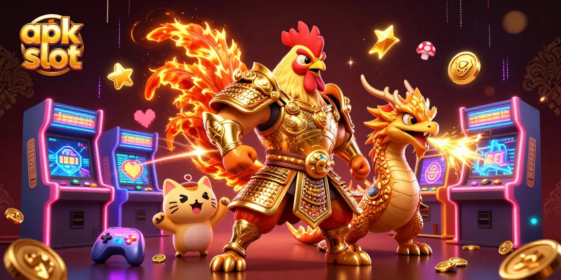 Menangkan apk slot dengan karakter ayam jantan berkekuatan dan naga, dikelilingi mesin permainan 3D berwarna.