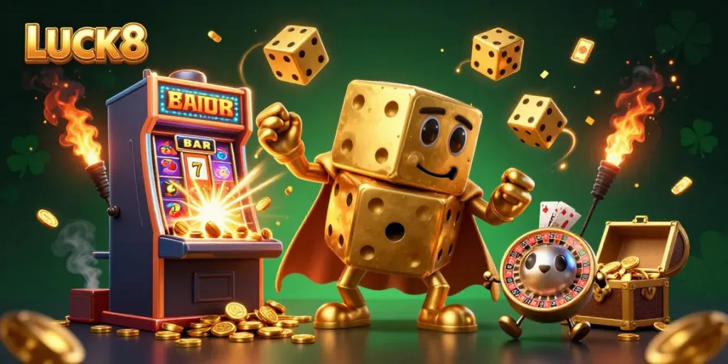 Play thrilling games with LUCK8 as golden dice and slot machines light up the casino scene.