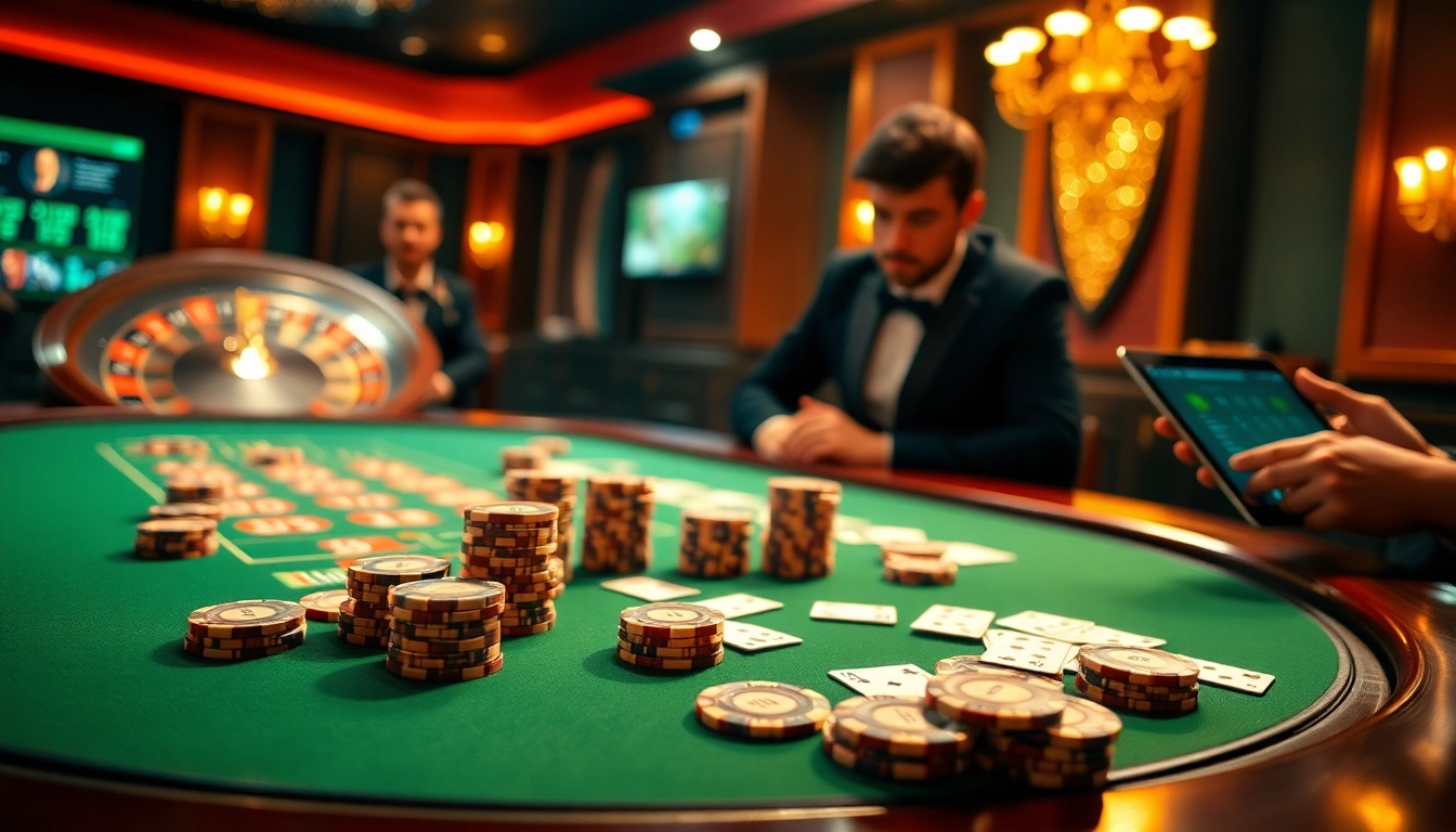 Excited players at a luxurious table enjoying their Dominoqiu poker experience with vibrant gaming elements.