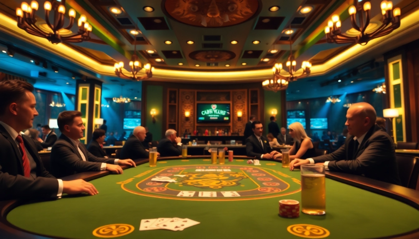 tkp188 menampilkan suasana kasino dengan meja poker mewah dan pemain antusias.