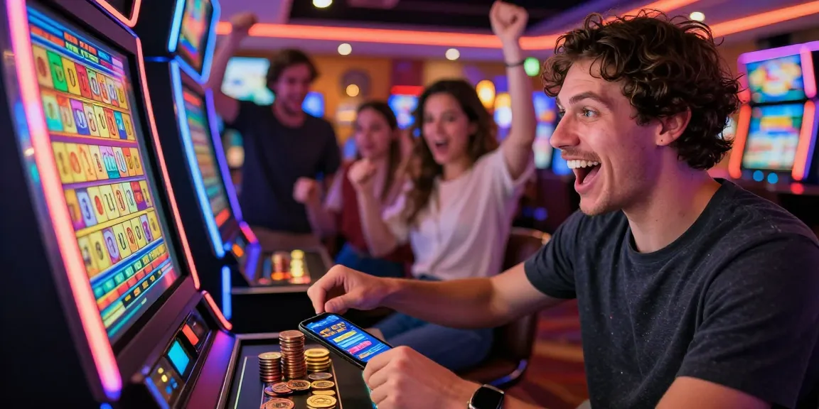 Orang bersemangat bermain mesin toto slot dengan teman di kasino yang meriah.