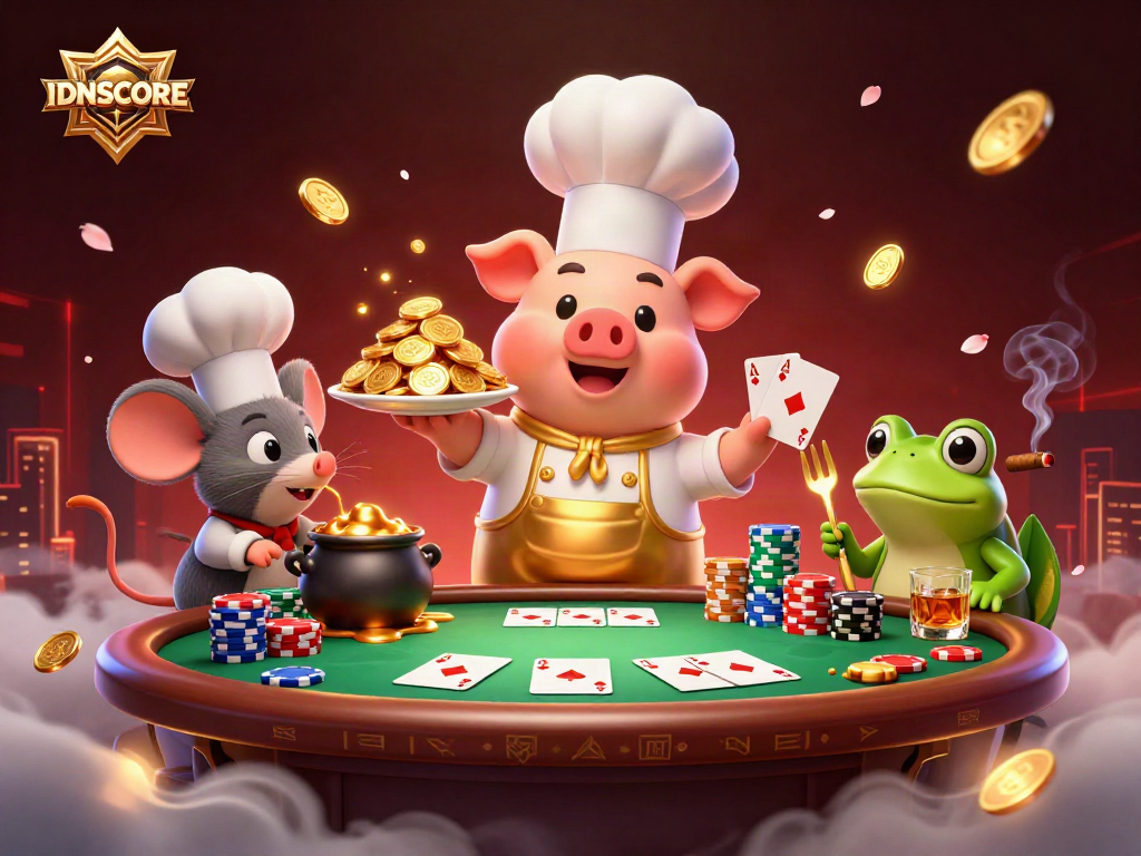 Experience excitement at IDNSCORE with a vibrant casino scene featuring animated characters and rich gaming elements.