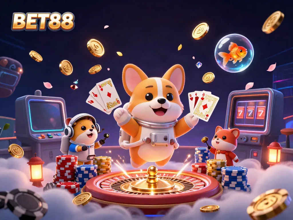 Engage in thrilling gaming adventures at BET88 with an astronaut corgi and vibrant casino elements.