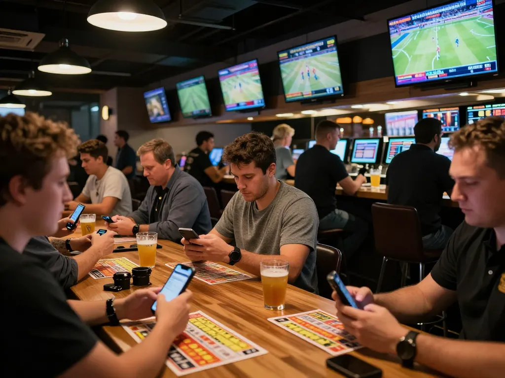 Engaged players placing bets on 78win sports betting app in a lively sports bar atmosphere