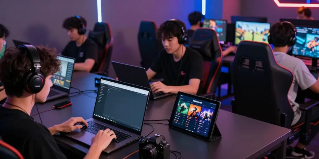 Excited gamers accessing SEMESTA88 platform on multiple devices in a vibrant gaming space.
