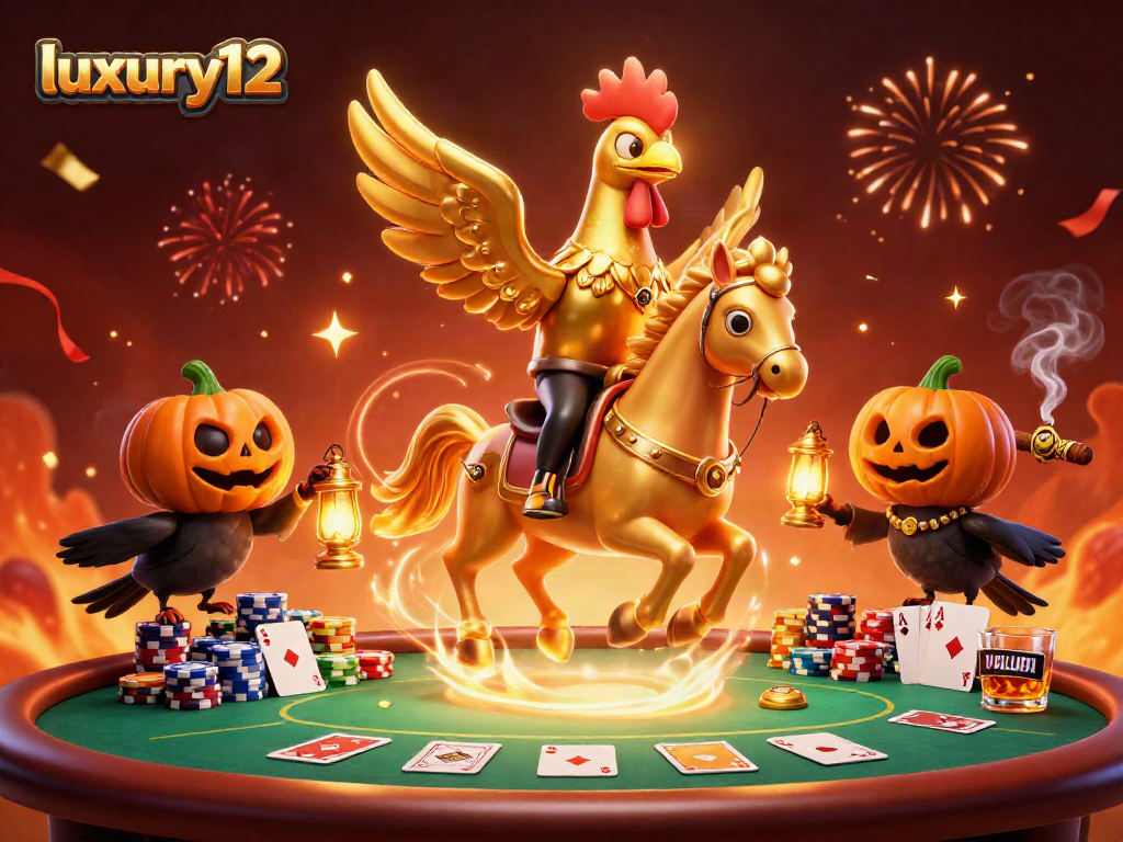 Experience luxury12 with a golden rooster and spectral horse in a vibrant casino scene.