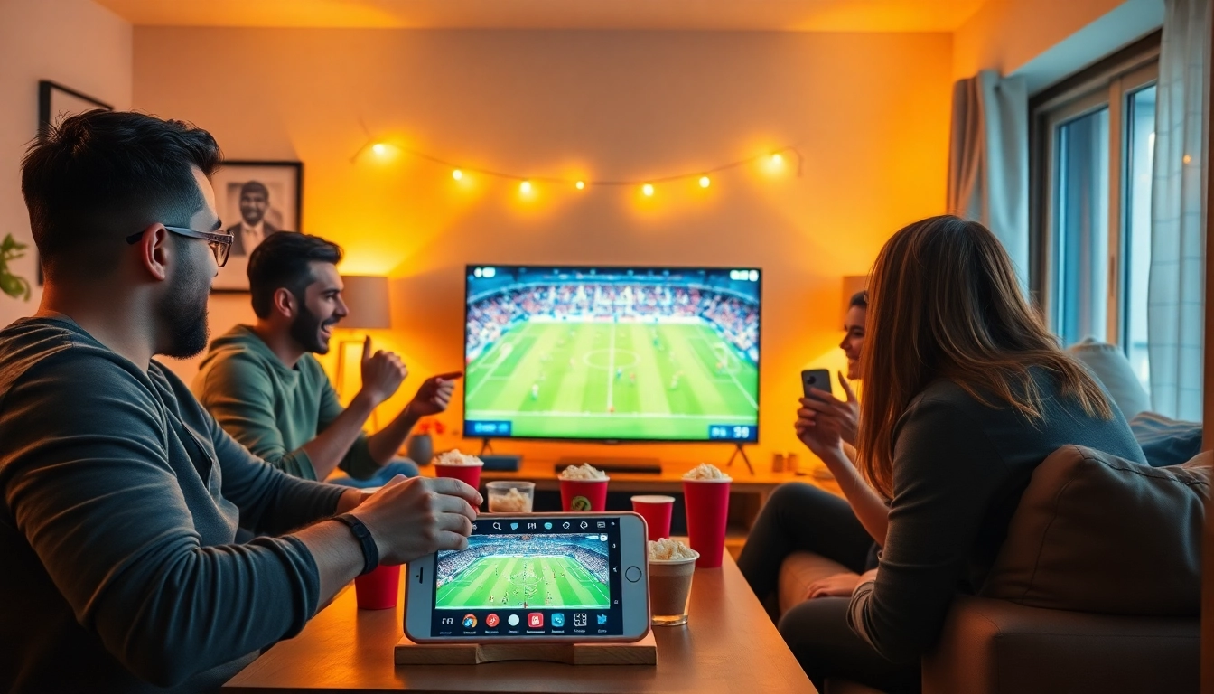 CakhiaTV streaming football match in a lively living room with friends cheering.