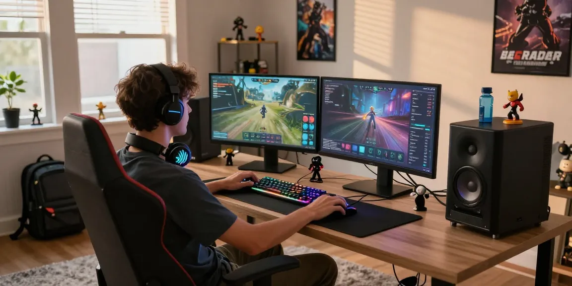 Gamer fokus di ruang tamu dengan perangkat gaming, monitor dan tanaman, sementara IMBAJP meningkatkan pengalaman bermain.